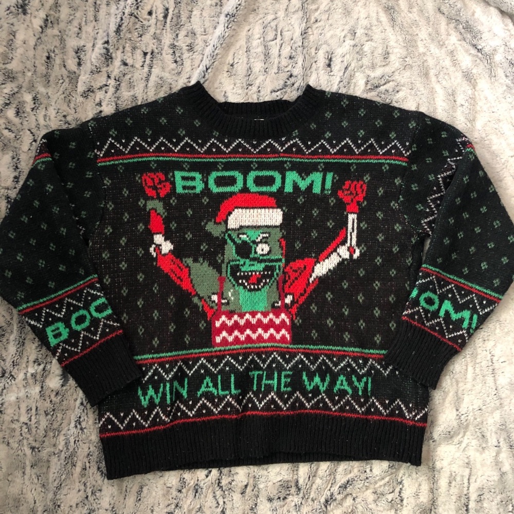 Pickle Rick Festive Black and Red Sweater
